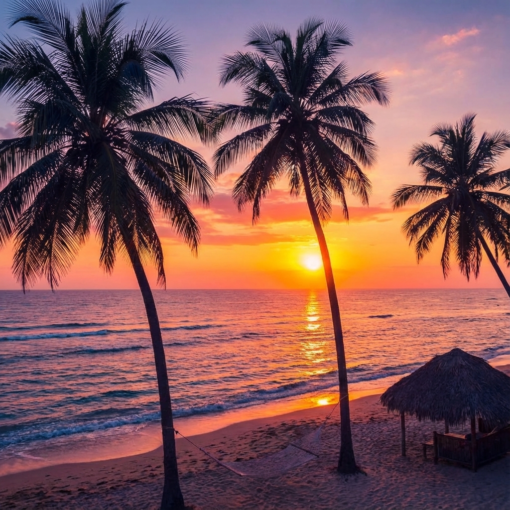 Vibrant sunset over the ocean framed by palm trees