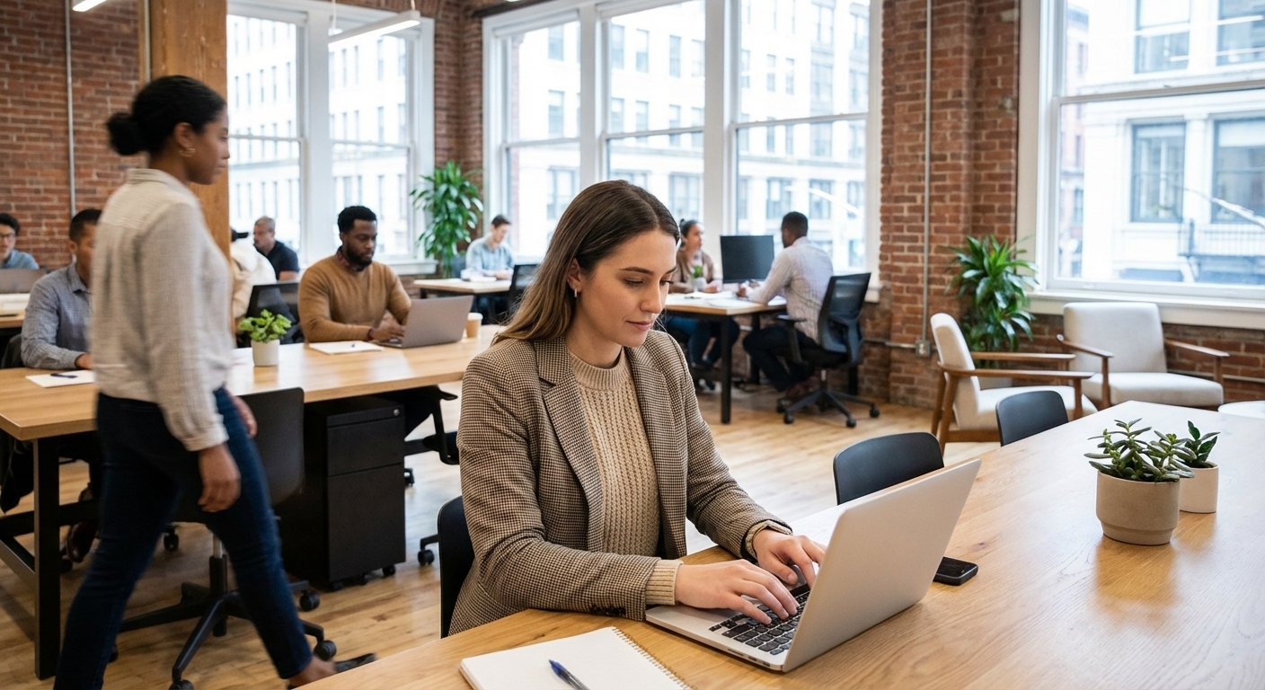 Young professional typing on a laptop in a modern open office